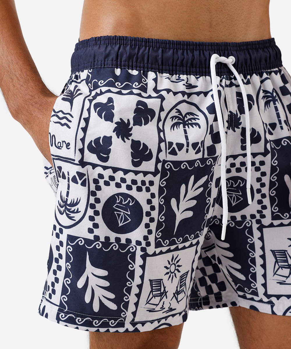 short masculino cos elástico estampado ícones praia azul
