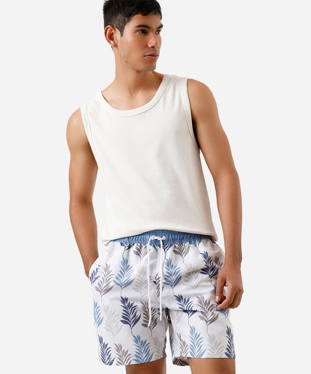 short masculino folhagens cós elástico  off white