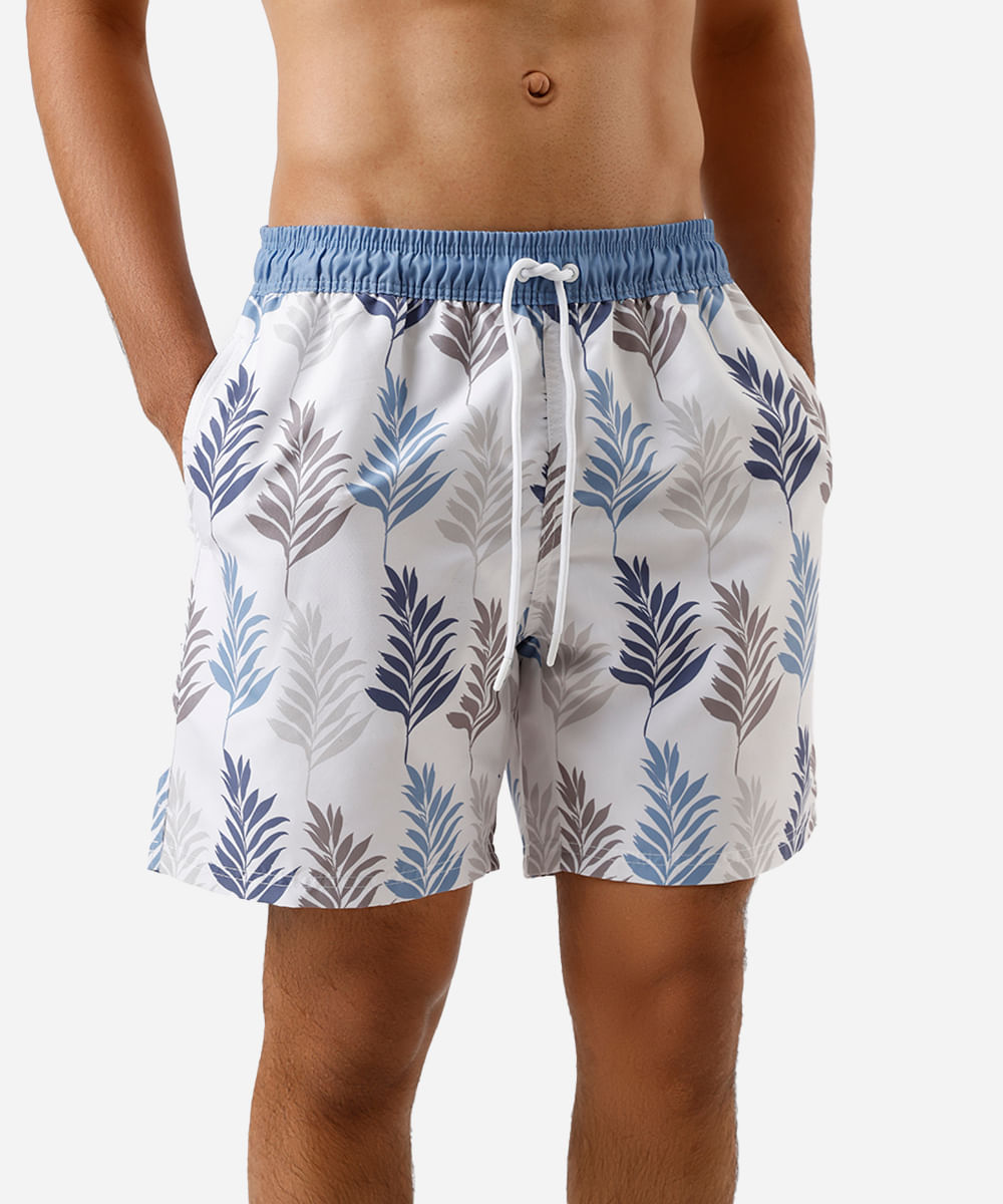 short masculino folhagens cós elástico  off white