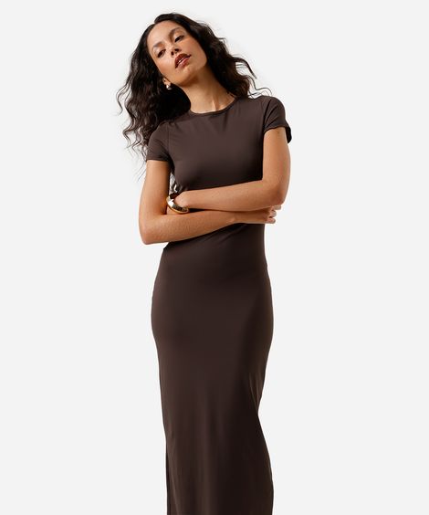 vestido básico feminino de poliamida com fenda marrom