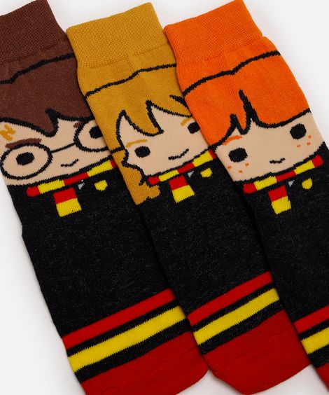 kit de 3 meias infantis cano alto harry potter colorido