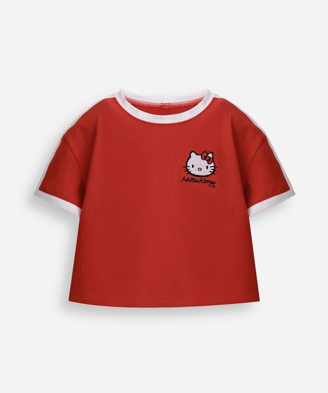 blusa baby look infantil de algodão bordado hello kitty vermelha