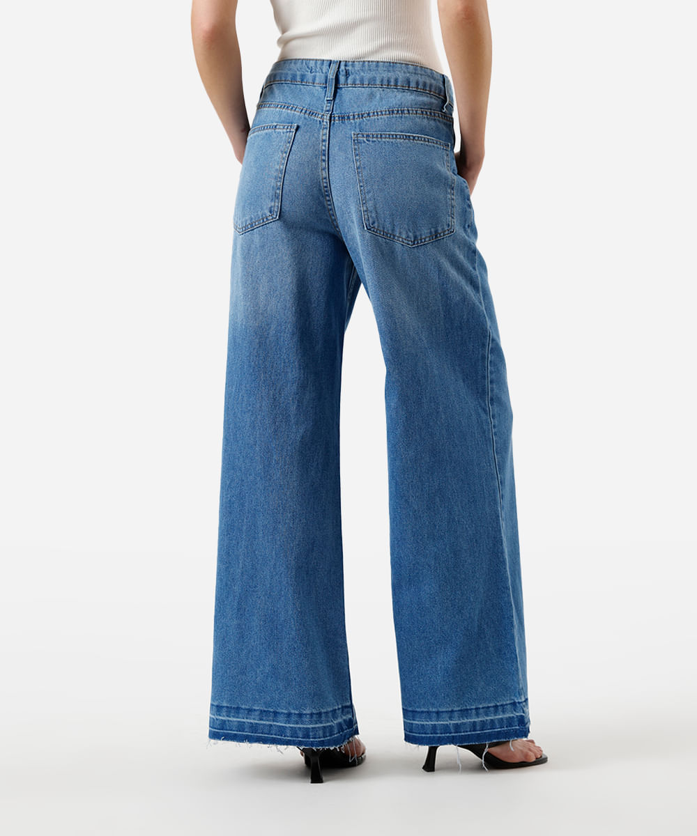 calça wide leg feminina jeans com barra desfiada azul