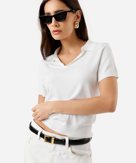 polo básica feminina de tricot manga curta off white