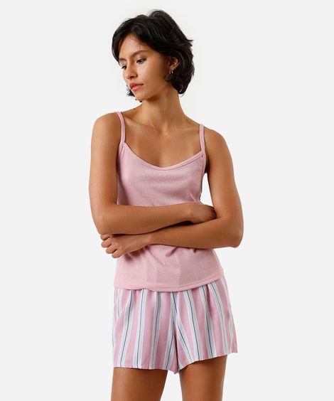 short feminino de pijama em viscose listrado rosa