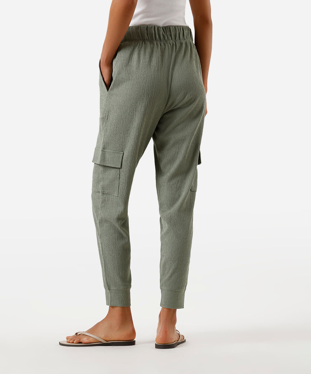 calça jogger feminina bolsos cargo texturizada verde