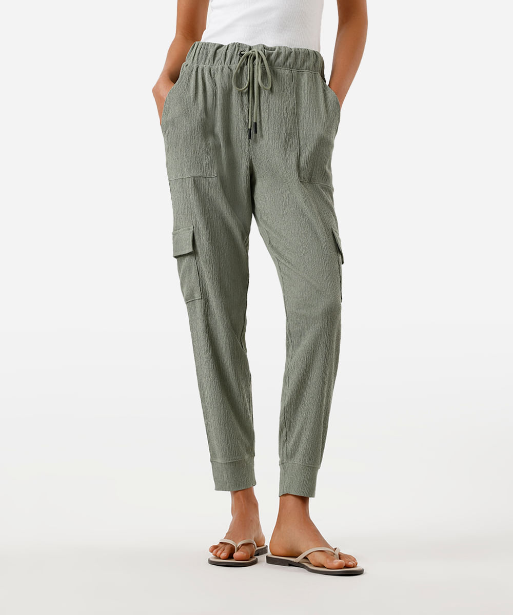 calça jogger feminina bolsos cargo texturizada verde