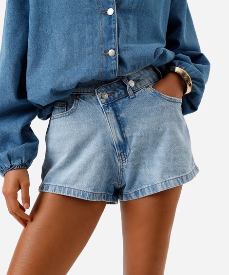 short boy feminino jeans cós cruzado azul