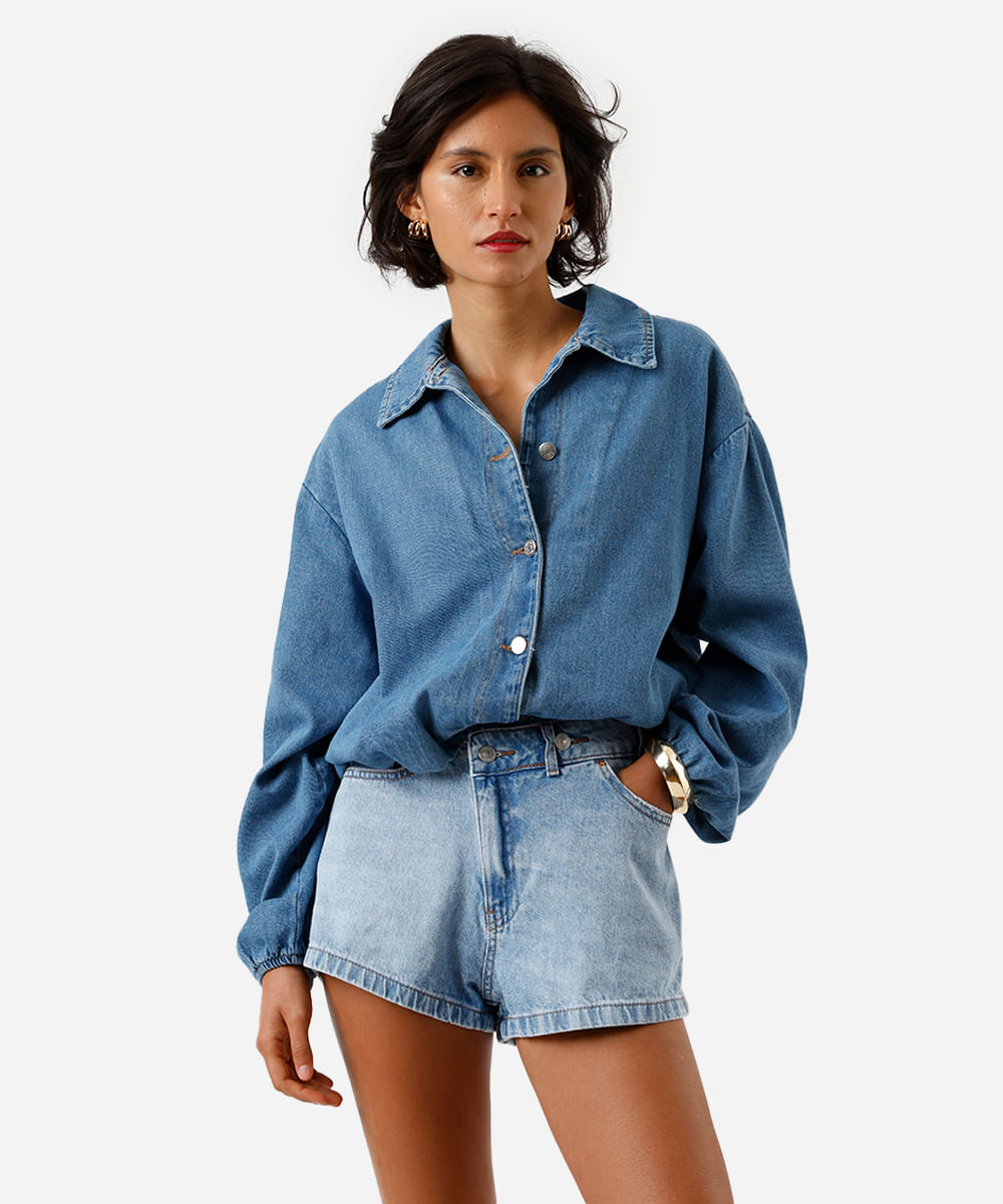 short boy feminino jeans cós cruzado azul