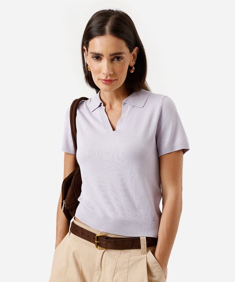 polo básica feminina de tricot manga curta lilás