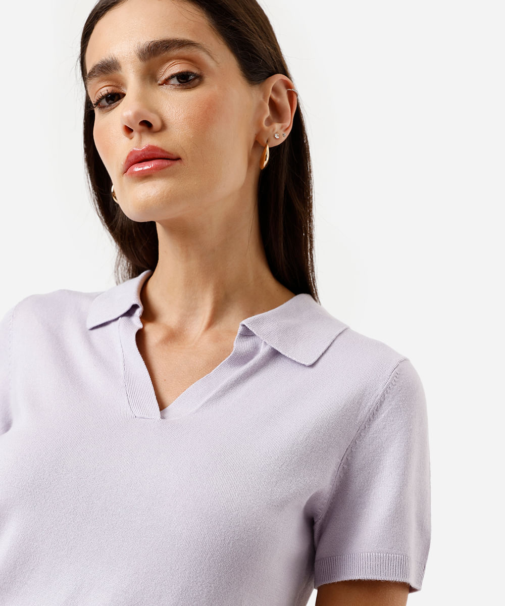 polo básica feminina de tricot manga curta lilás