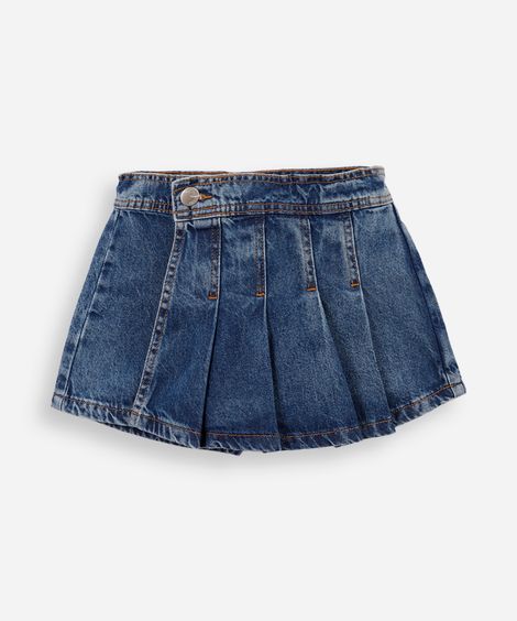 short saia infantil jeans com pregas azul