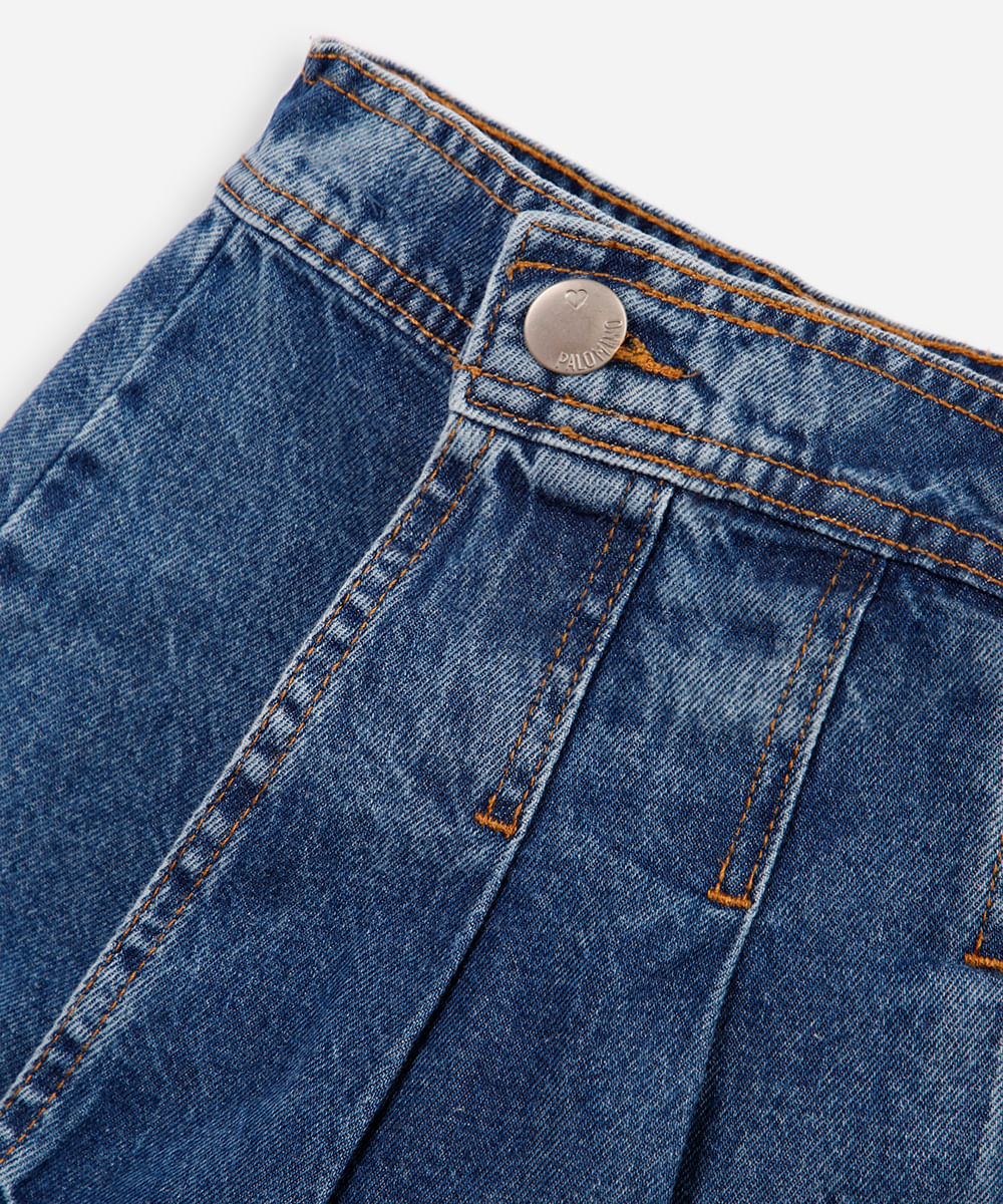 short saia infantil jeans com pregas azul