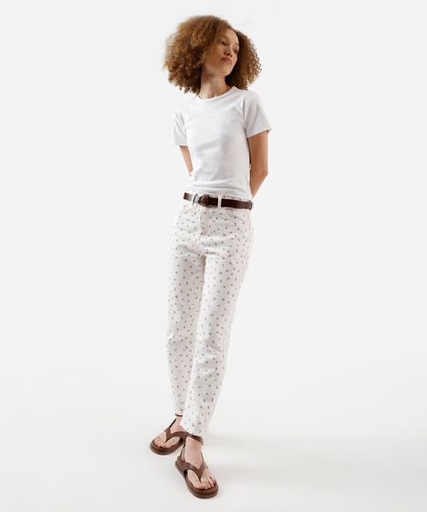 calça mom feminina de sarja floral off white
