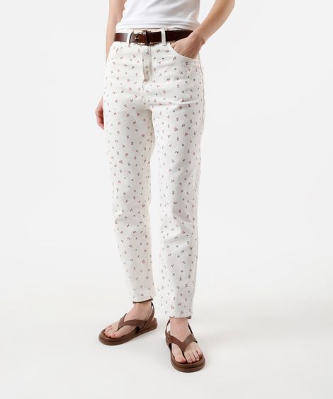 calça mom feminina de sarja floral off white