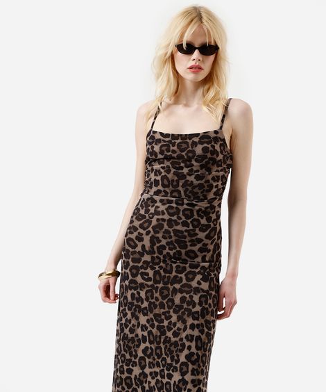 vestido longo de tule animal print com franzido bege