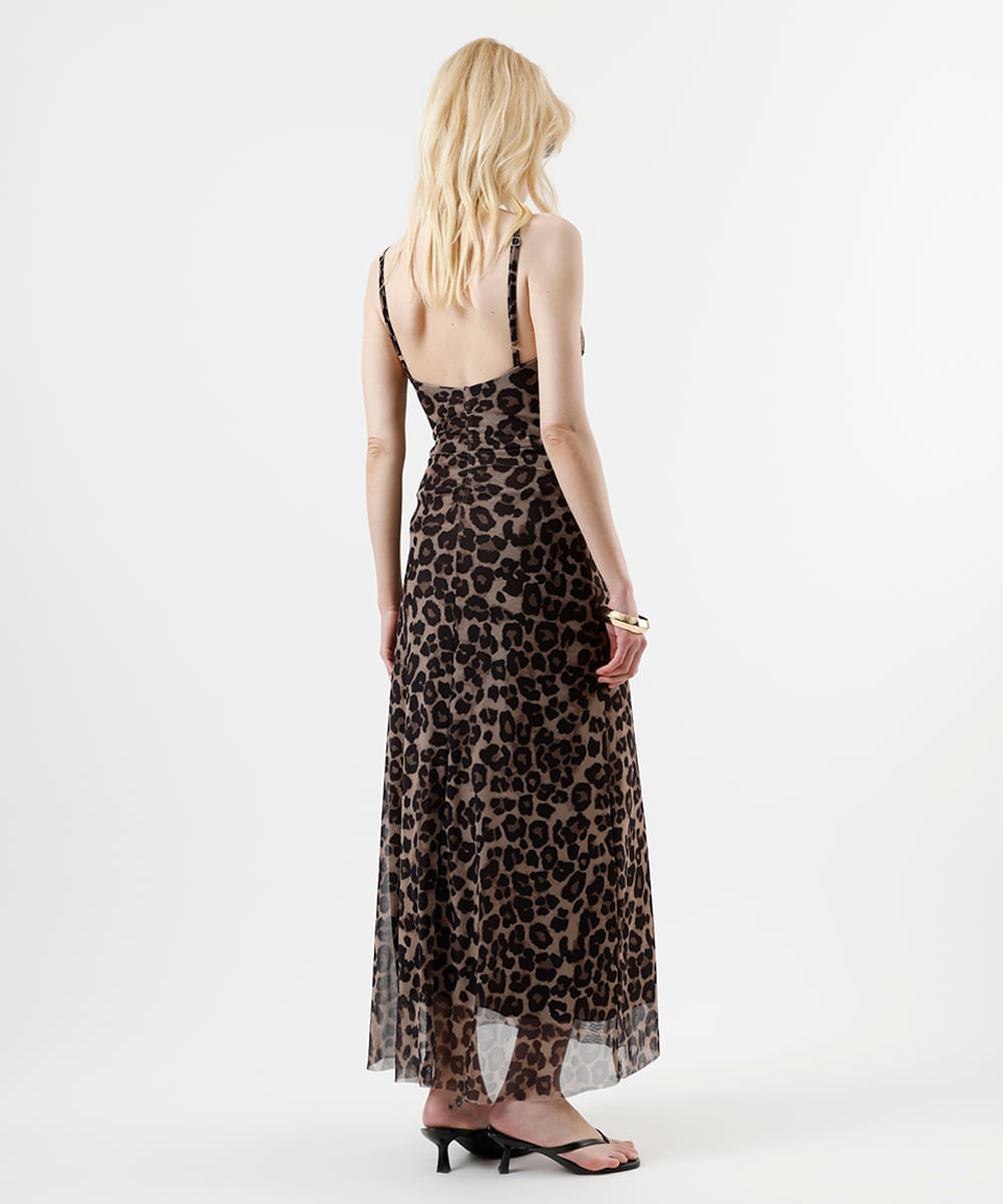 vestido longo de tule animal print com franzido bege