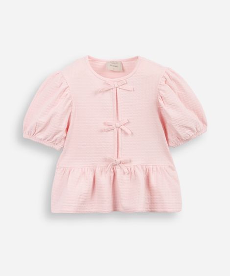 blusa de algodão infantil com lacinho texturizada rosa