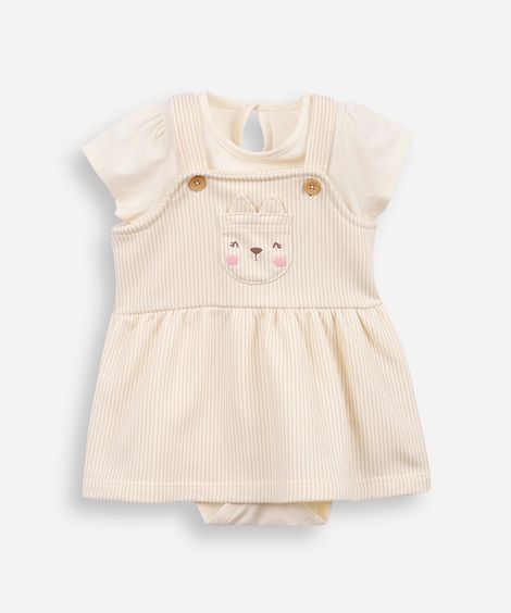 salopete de algodão infantil com body gatinha bege
