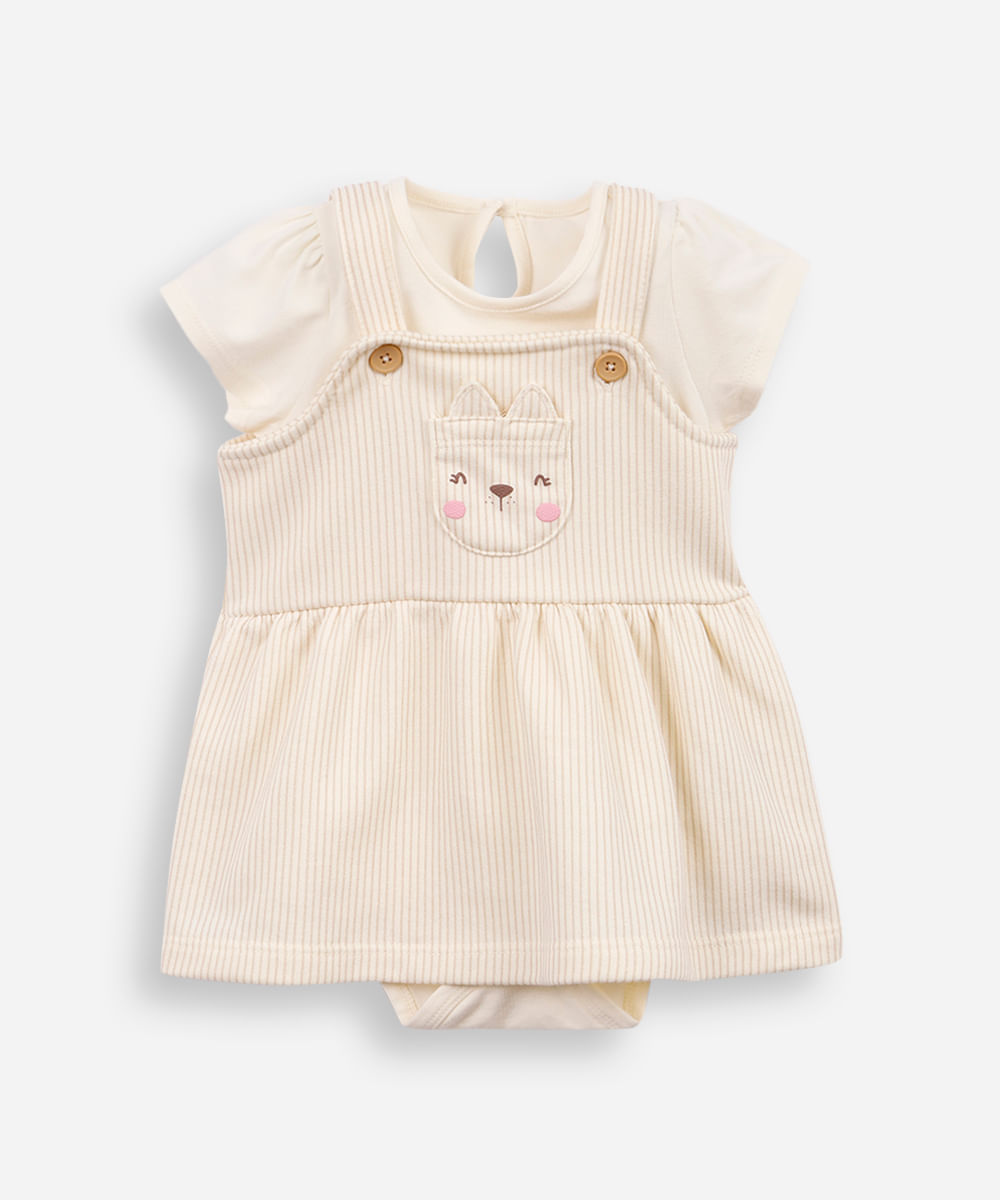 salopete de algodão infantil com body gatinha bege