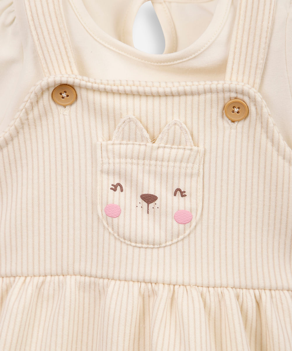 salopete de algodão infantil com body gatinha bege