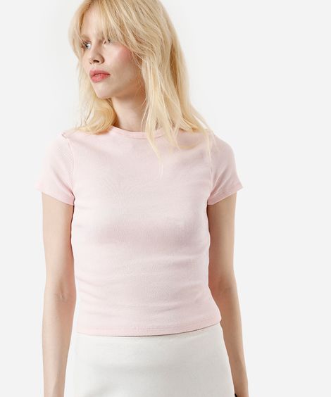blusa feminina de algodão canelada manga curta rosa