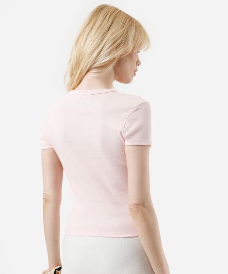 blusa feminina de algodão canelada manga curta rosa