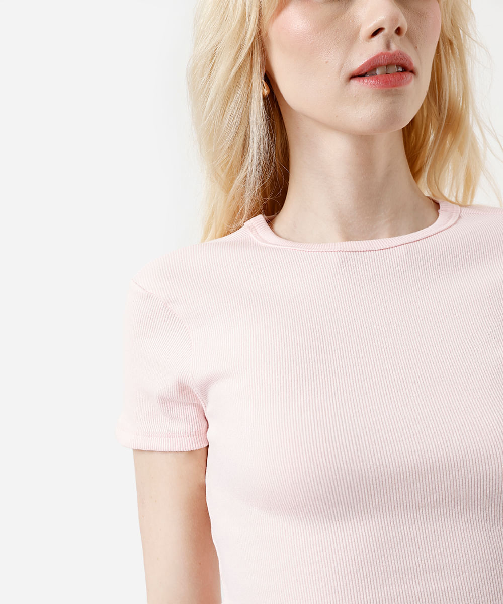 blusa feminina de algodão canelada manga curta rosa