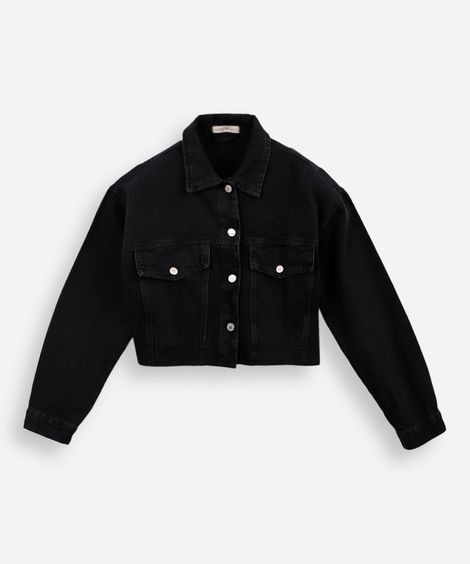 jaqueta jeans feminina cropped com barra a fio preta