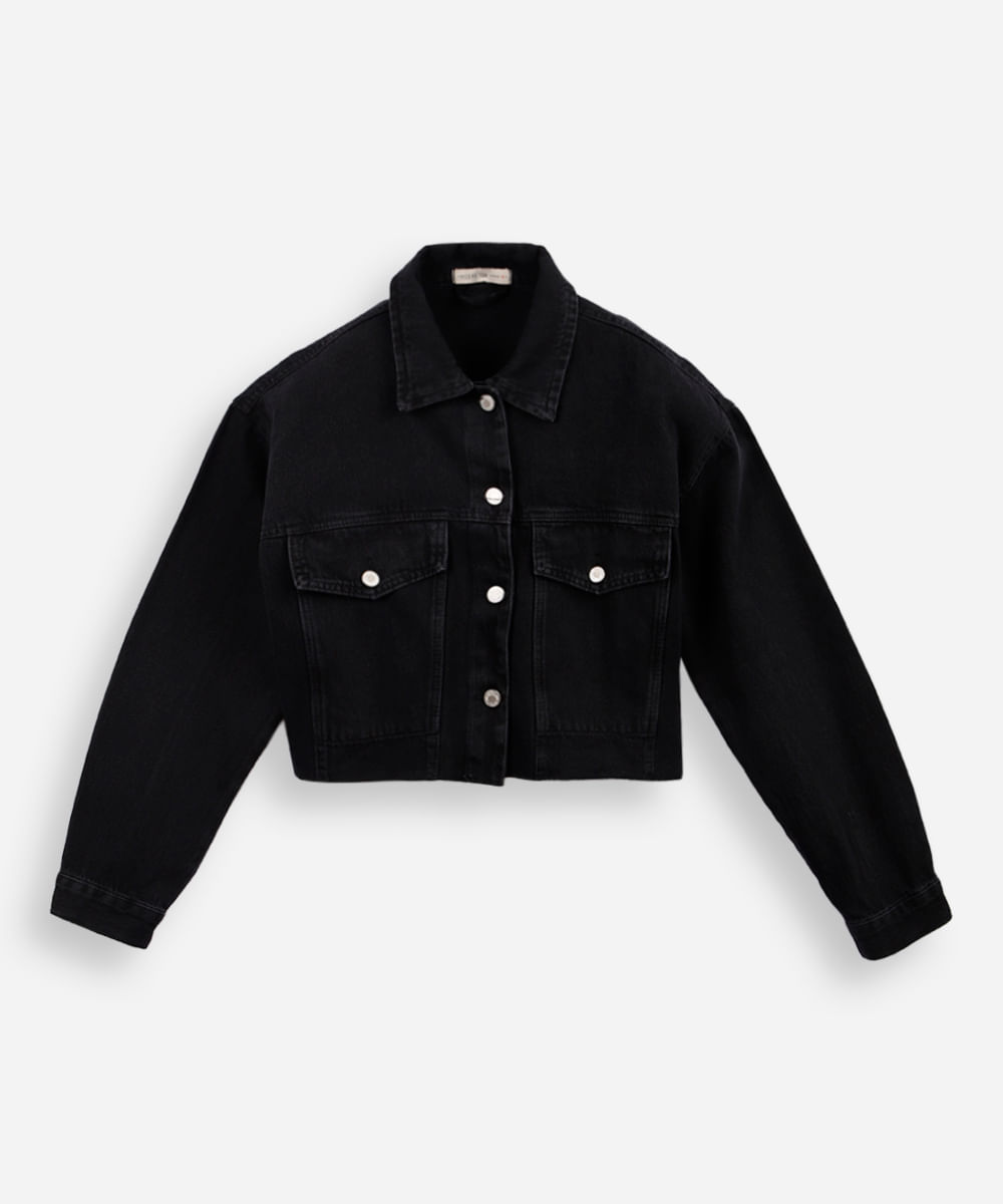jaqueta jeans feminina cropped com barra a fio preta