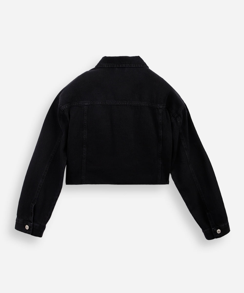 jaqueta jeans feminina cropped com barra a fio preta