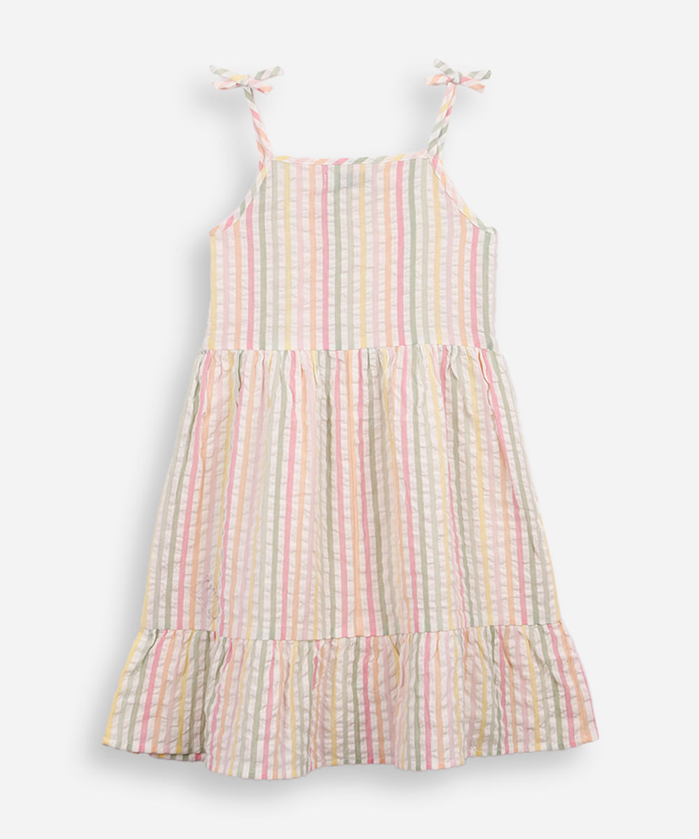 vestido infantil de algodão com lastex  texturizado listrado colorido