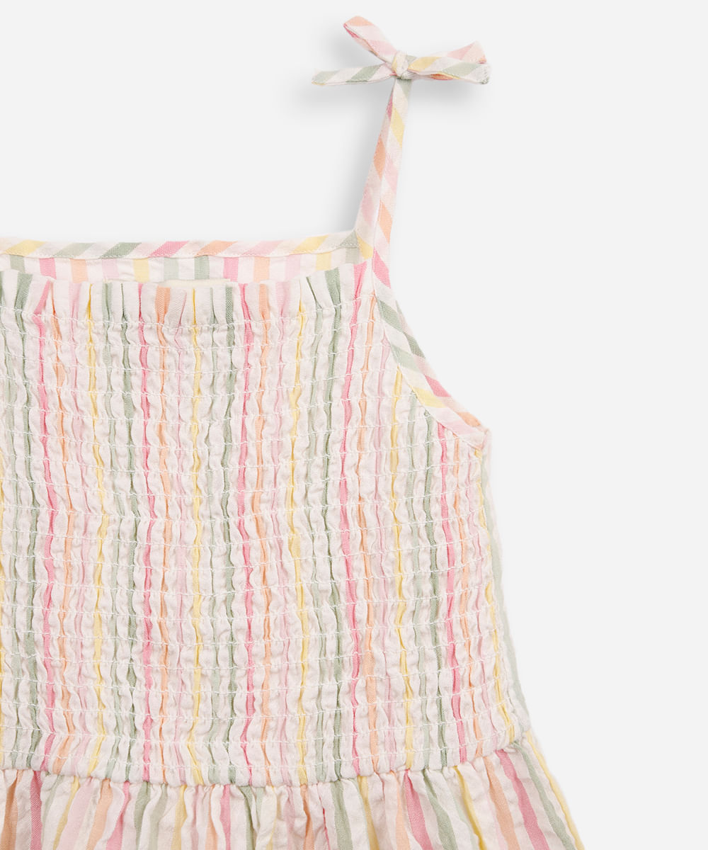 vestido infantil de algodão com lastex  texturizado listrado colorido