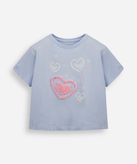 camiseta infantil de algodão corações com glitter azul