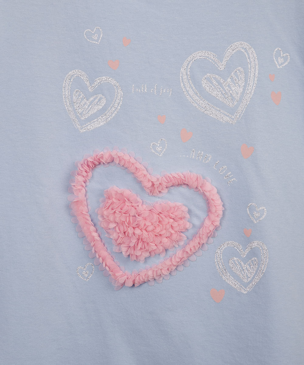 camiseta infantil de algodão corações com glitter azul