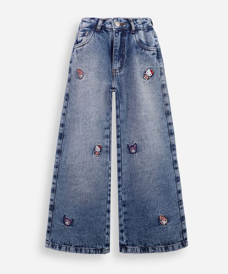 calça wide leg infantil jeans com bordados hello kitty azul