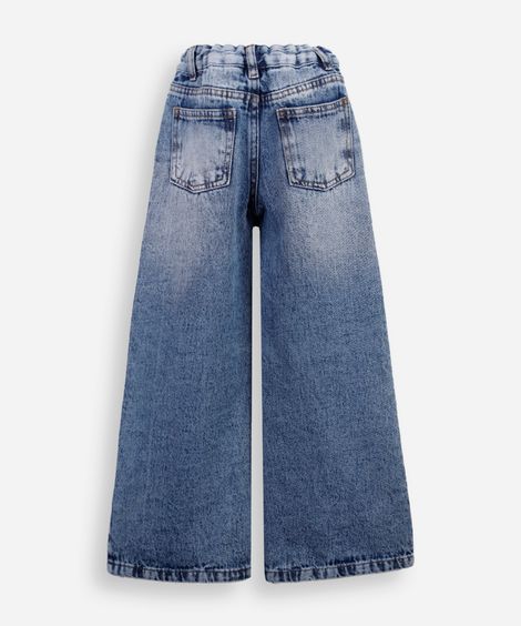 calça wide leg infantil jeans com bordados hello kitty azul