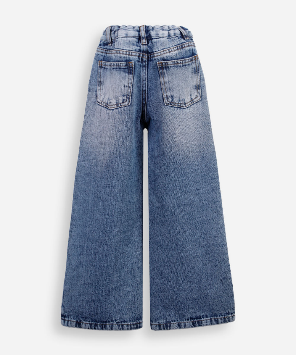 calça wide leg infantil jeans com bordados hello kitty azul
