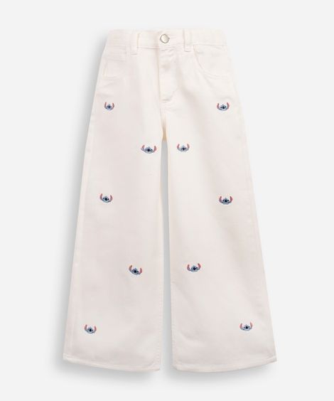 calça wide leg infantil de sarja bordados stitch off white