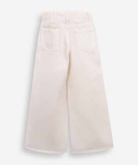 calça wide leg infantil de sarja bordados stitch off white
