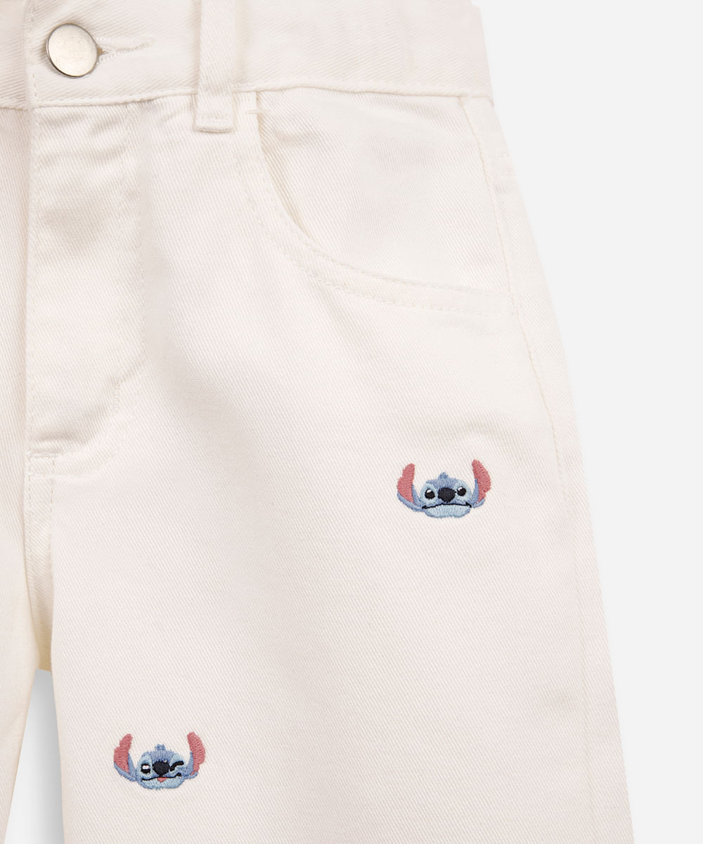 calça wide leg infantil de sarja bordados stitch off white