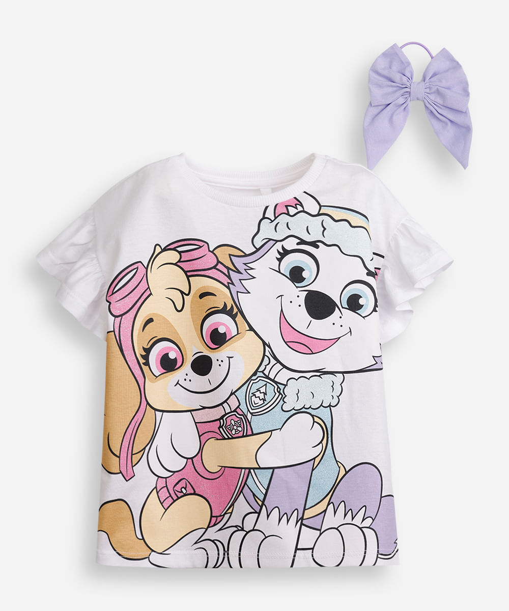 blusa infantil de algodão patrulha canina com scrunchie  off white