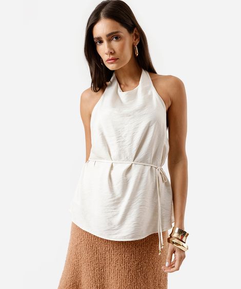 blusa frente única feminina com viscose com amarração texturizada bege