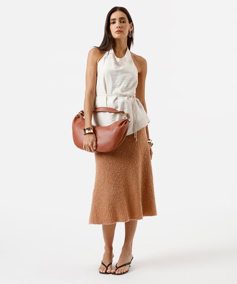saia midi feminina de tricot texturizada marrom