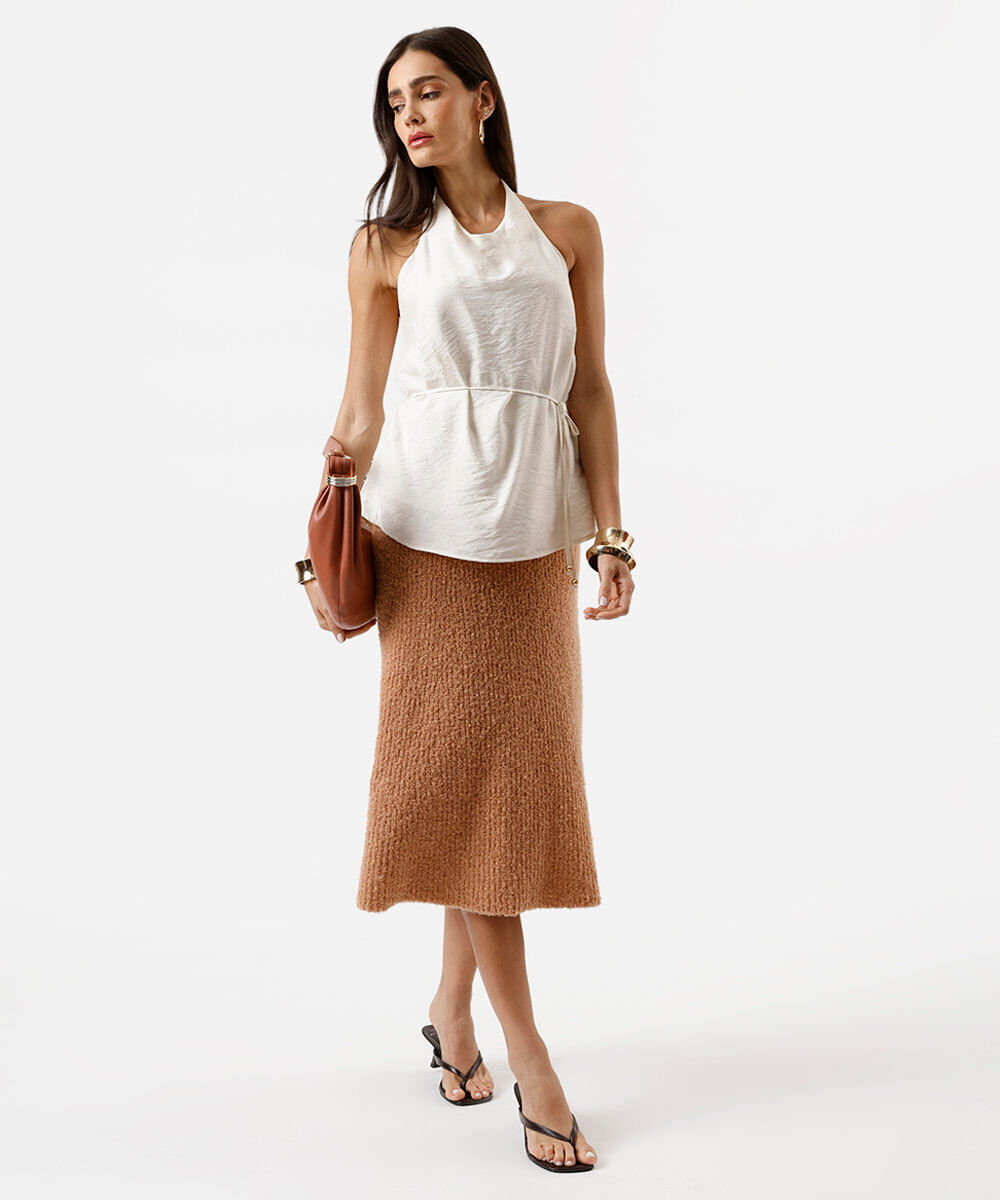 saia midi feminina de tricot texturizada marrom