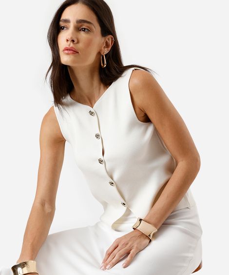 colete feminino de tricot com recorte off white