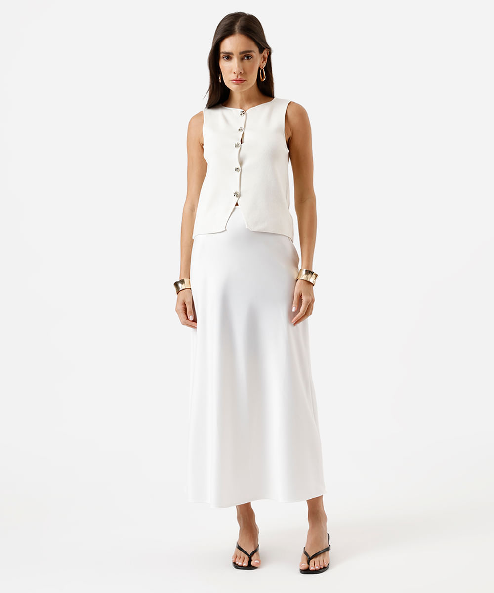 colete feminino de tricot com recorte off white