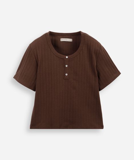 blusa juvenil de algodão com botões canelada marrom