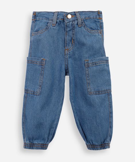 calça infantil jeans leve cargo com elástico azul