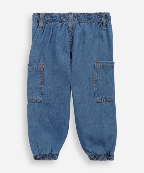 calça infantil jeans leve cargo com elástico azul